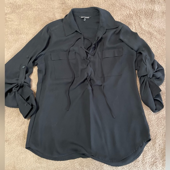 Express Black Sheer V Tie String, Button up Sleeve Blouse, Women’s M - Picture 1 of 6